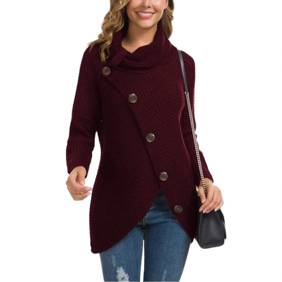 NWT Women’s Turtleneck Sweaters Fall Chunky Long Sleeve Asymmetric Knit Pullover - Picture 4 of 5